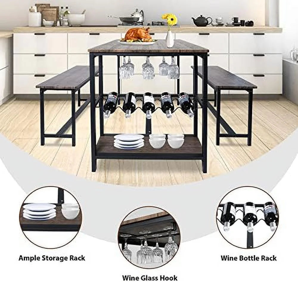 Dining Table Set 4 with 2 Benches 3-Piece Wood Rustic Brown & Black B4934