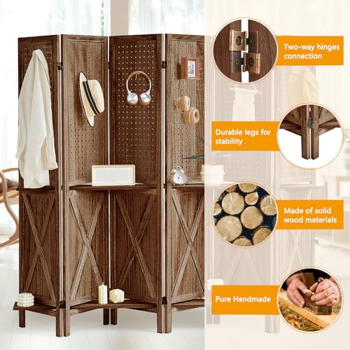 Brown Wooden Pegboard Room Divider with 16 Hooks U920382