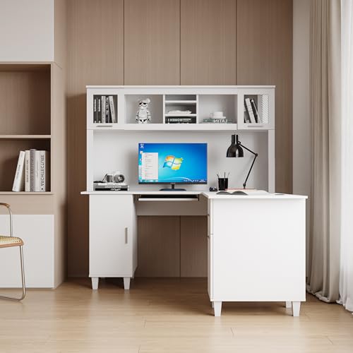 White Desk with Storage 2-Tier Open Shelves 1 Drawers and 1 Cabinet R734