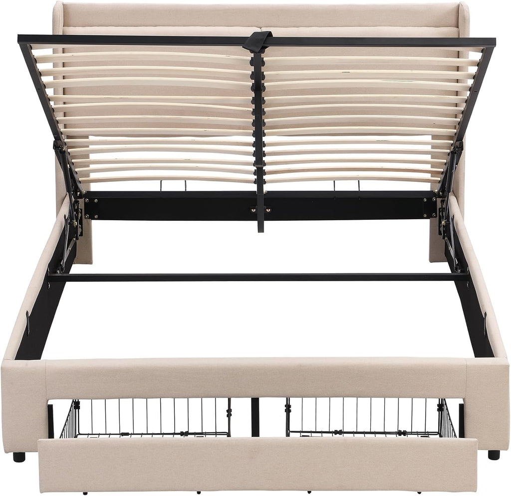Beige Queen Size Platform Bed Frame with Lift Up Storage and 2 Drawers G356411