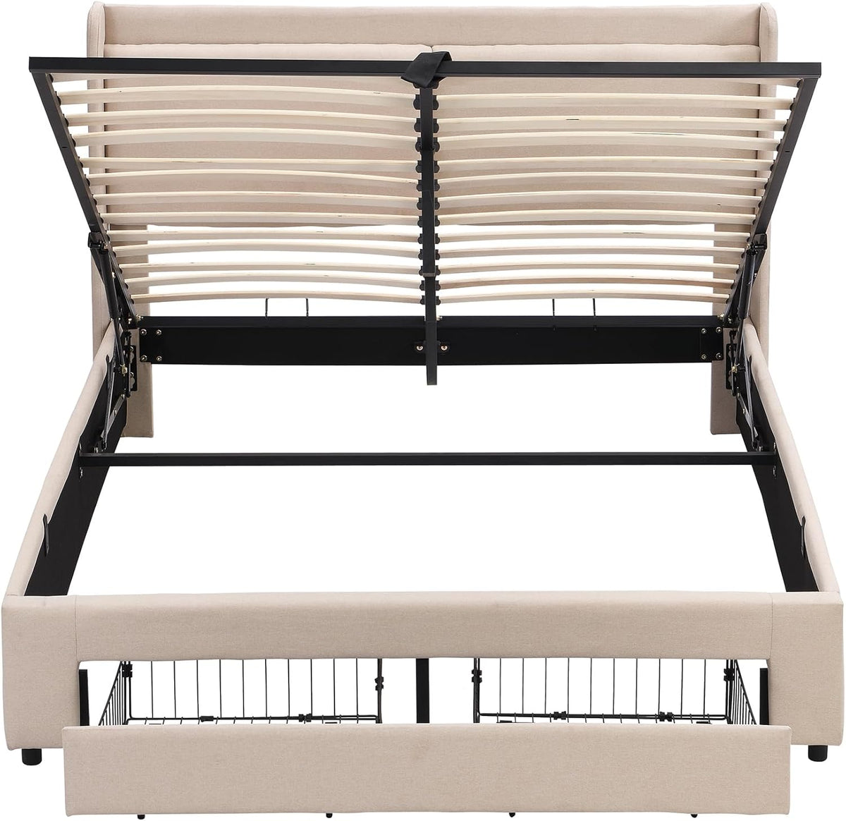 Beige Queen Size Platform Bed Frame with Lift Up Storage and 2 Drawers G356411