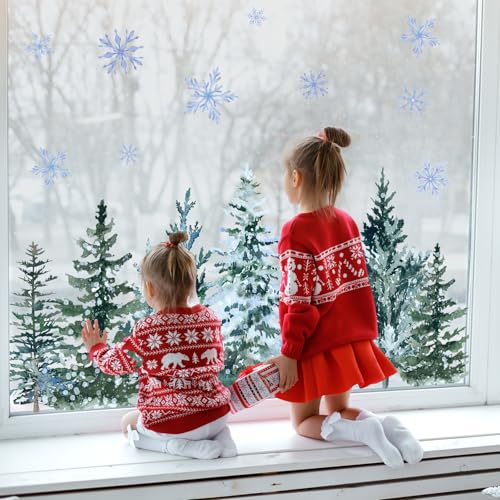 9 Sheet Christmas Window Clings Snowy Forest Trees Double-Sided Reusable Winter Window Decals G639