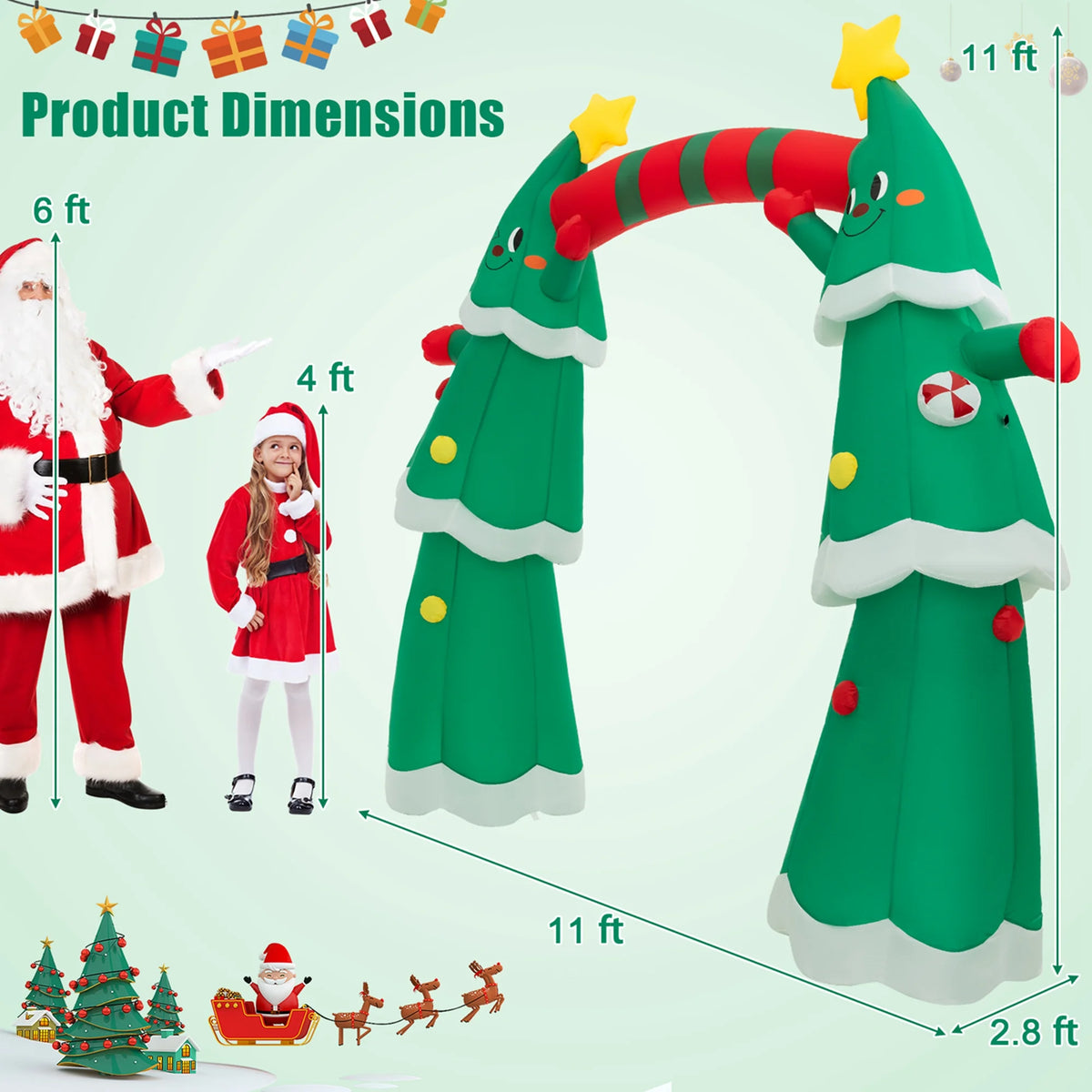 11FT Inflatable Christmas Tree Arch with Santa Claus LED Lights Y9366