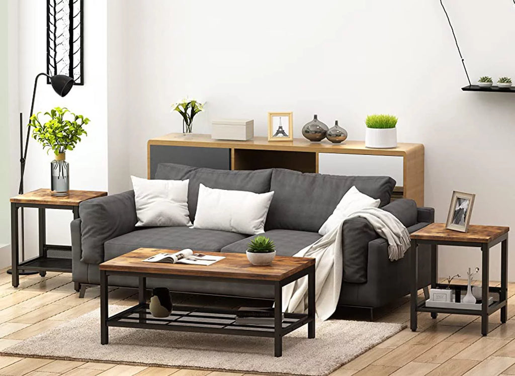 3 Pieces Industrial Coffee Table Set with Metal Frame C650