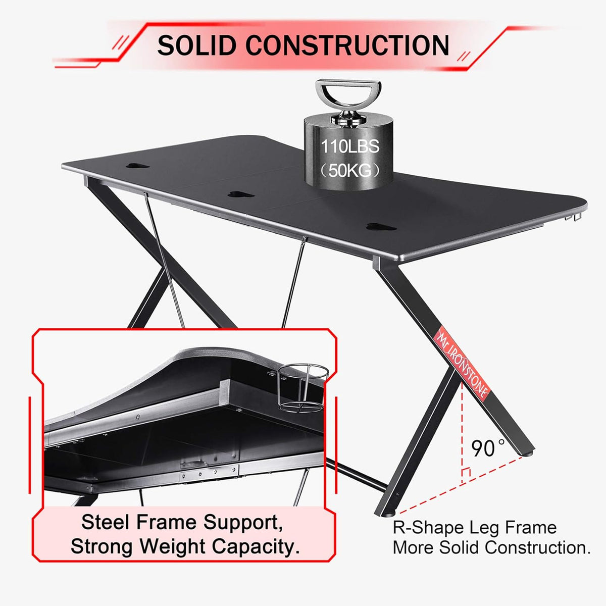 Black 63 W x 32 D Gaming Desk with Cup Holder and Headphone Hook I65003