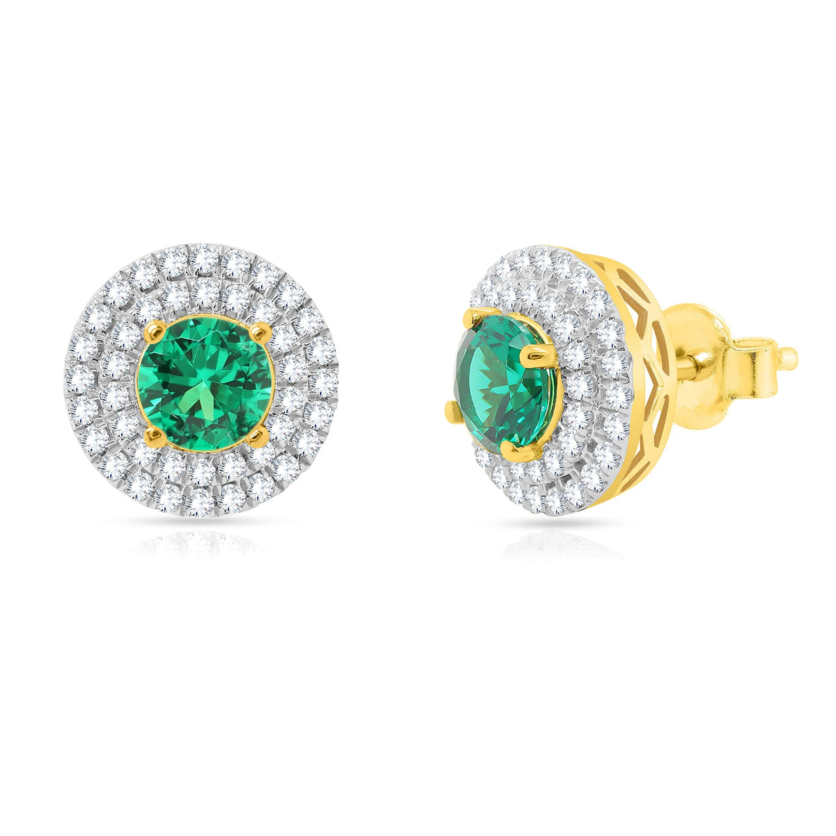 3 Carat Round Green Emerald and Natural Diamond Double Halo Stud Earrings in 18K Yellow Gold Plated A7975