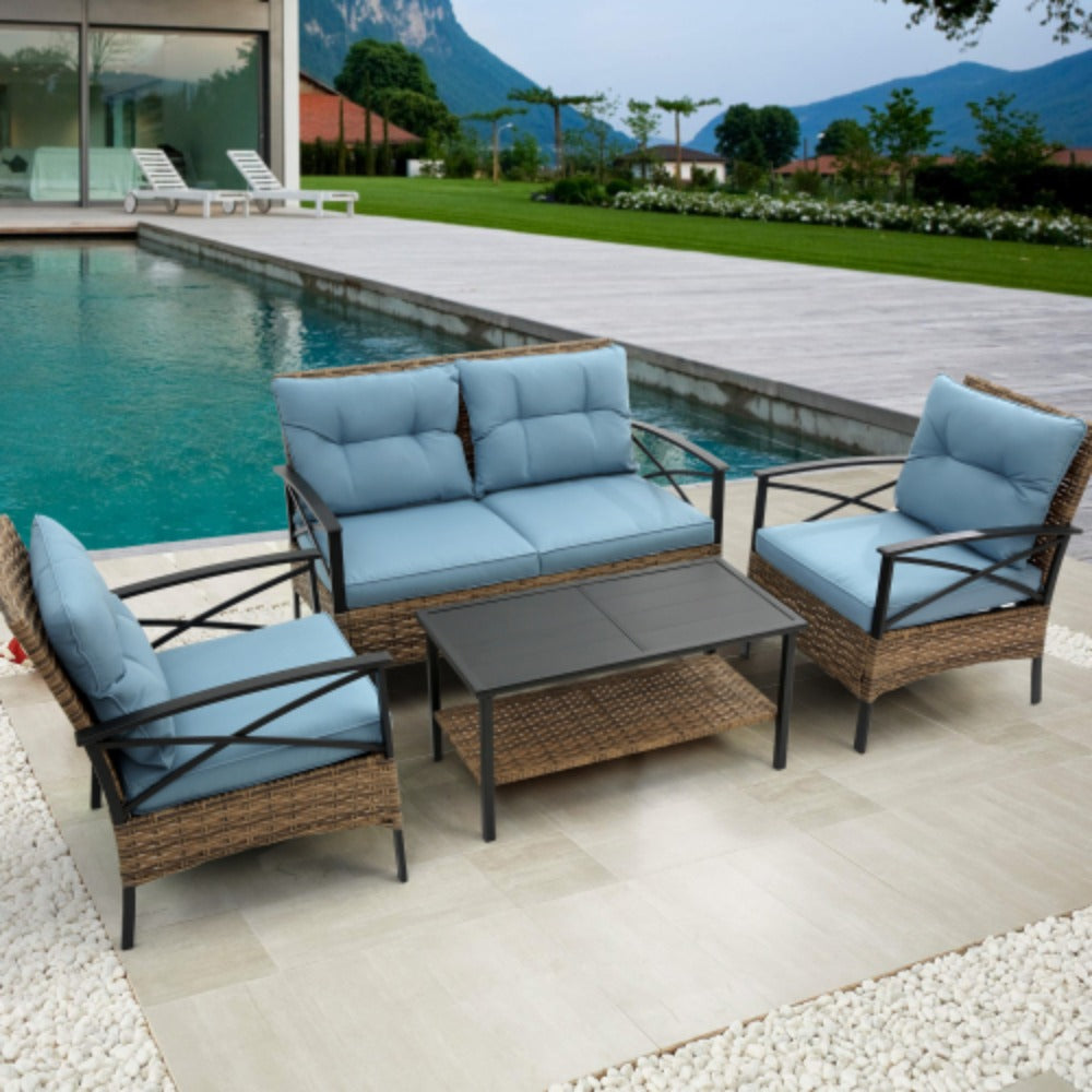 4 Piece Rattan Wicker Outdoor Corner Sofa Set with Cushion K444575