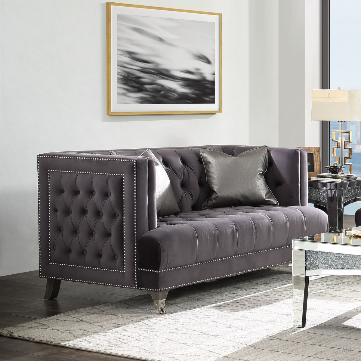 Gray Velvet Loveseat with 2 Pillows E219603