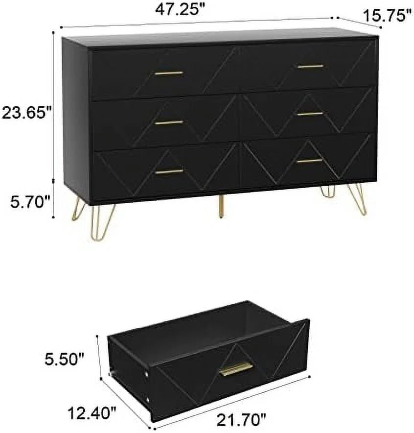 Black 6 Drawer Wood Dresser N5553