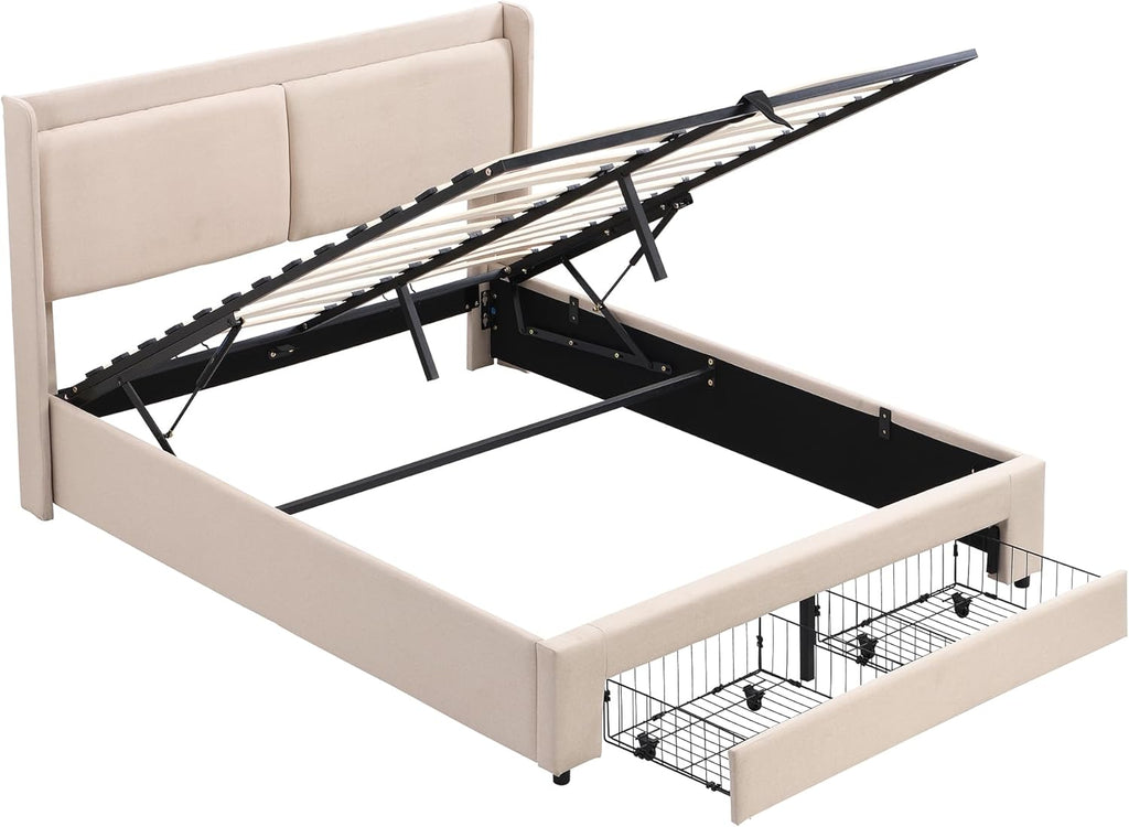 Beige Queen Size Platform Bed Frame with Lift Up Storage and 2 Drawers G356411