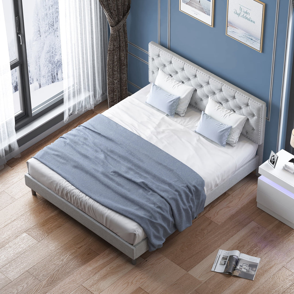King Upholstered Platform Bed Frame with Adjustable Headboard L6620