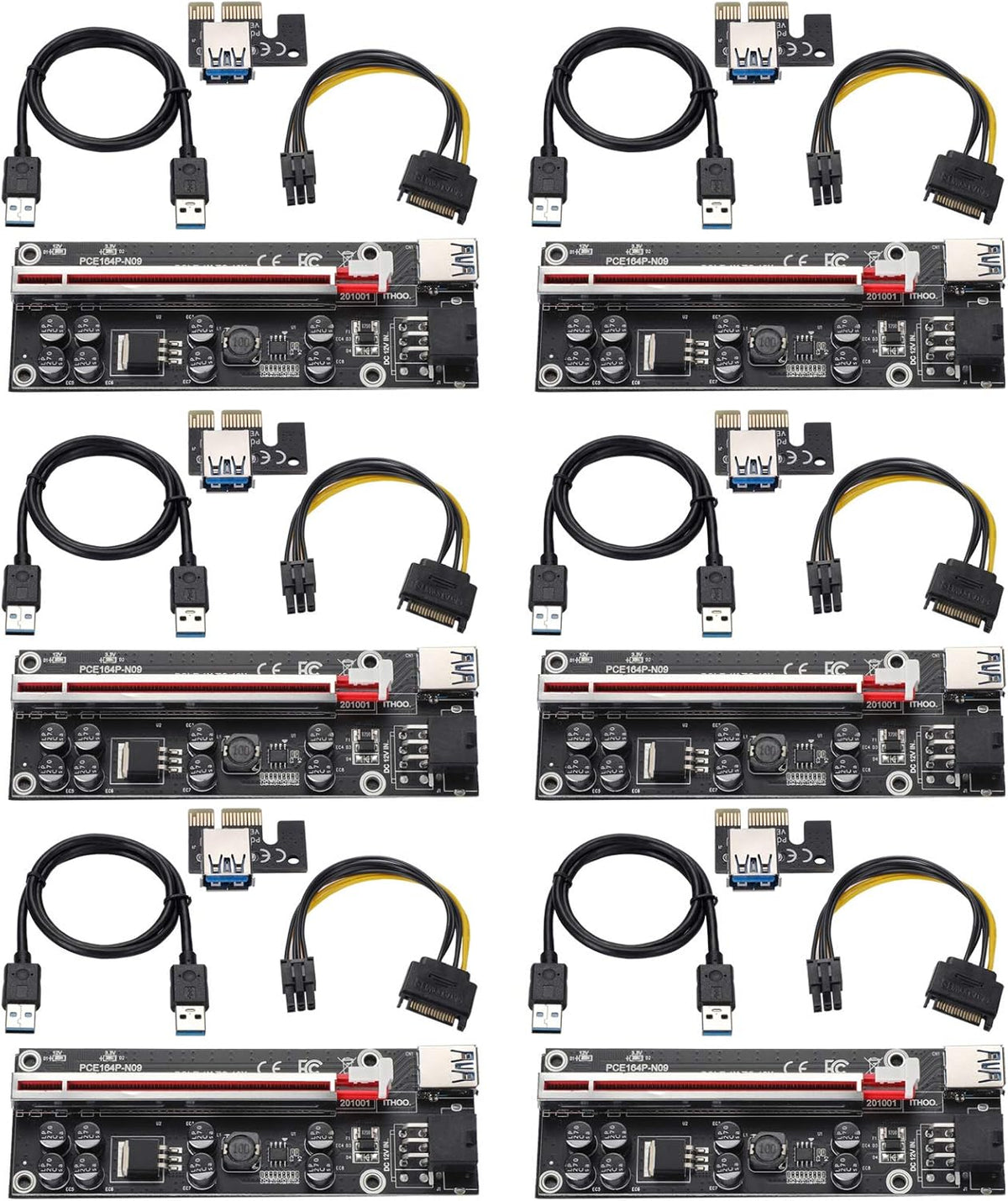 Black PCI-E 1X to 16X Riser Card with 24in USB 3.0 Extension Cable & 6PIN SATA Power Cable (6 Pieces) Y2330
