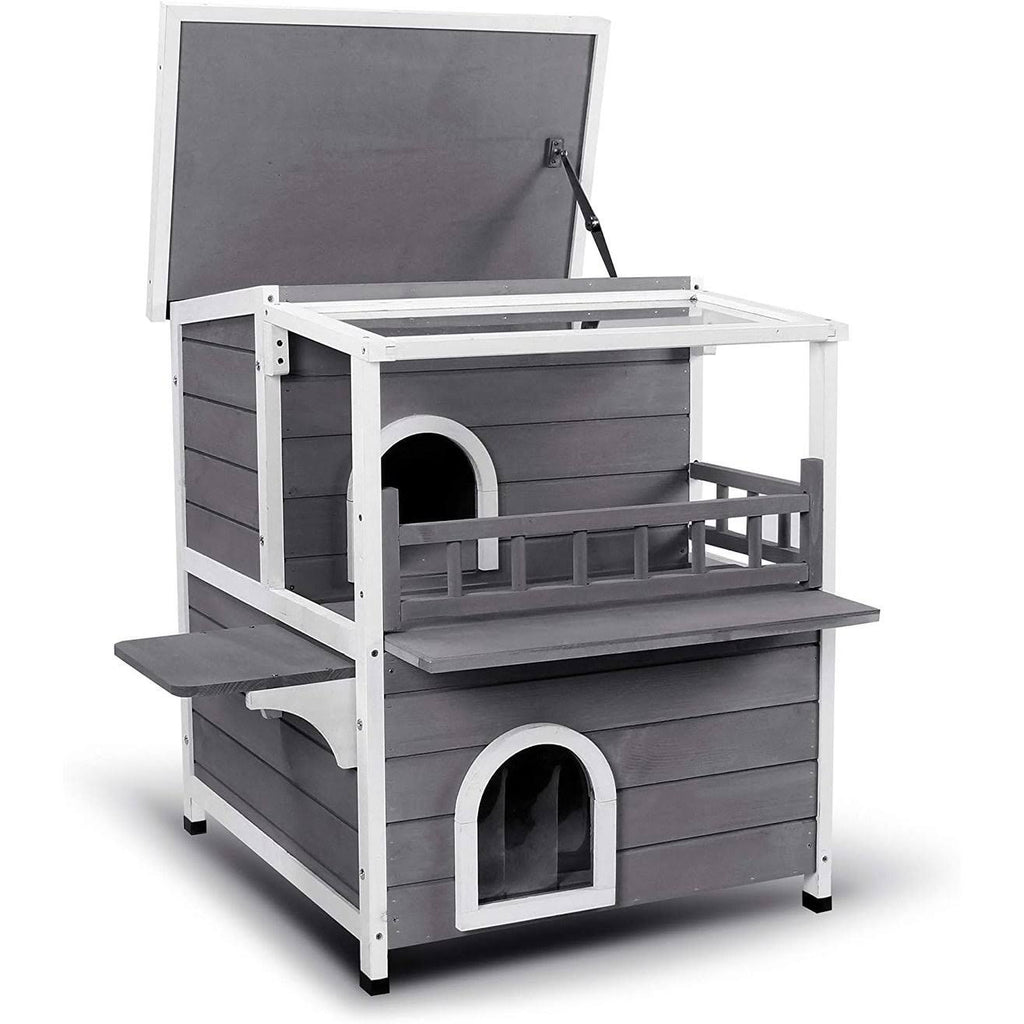 2-Story Weatherproof Wooden Cat Shelter House with Transparent PVC Canopy W246