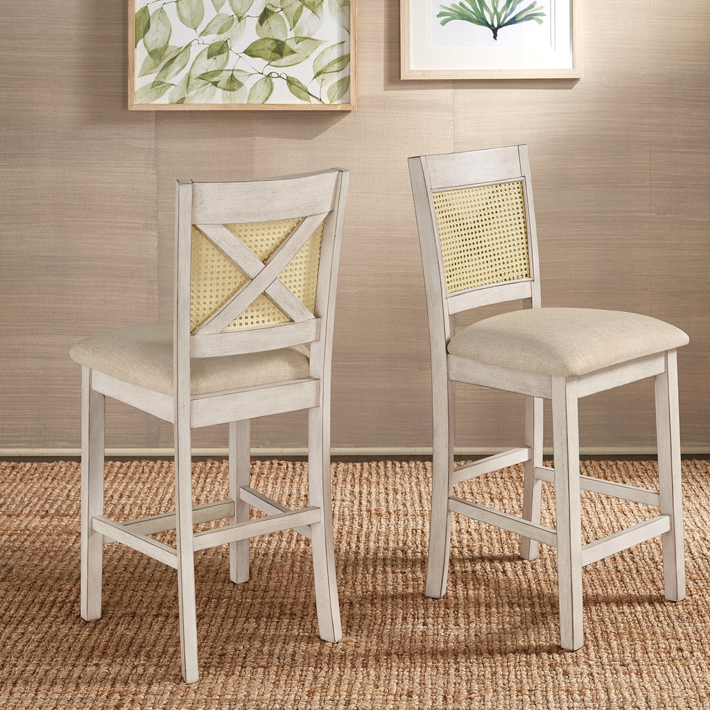 Antique White Beige Linen Counter Height Chair Set of 2 J634485
