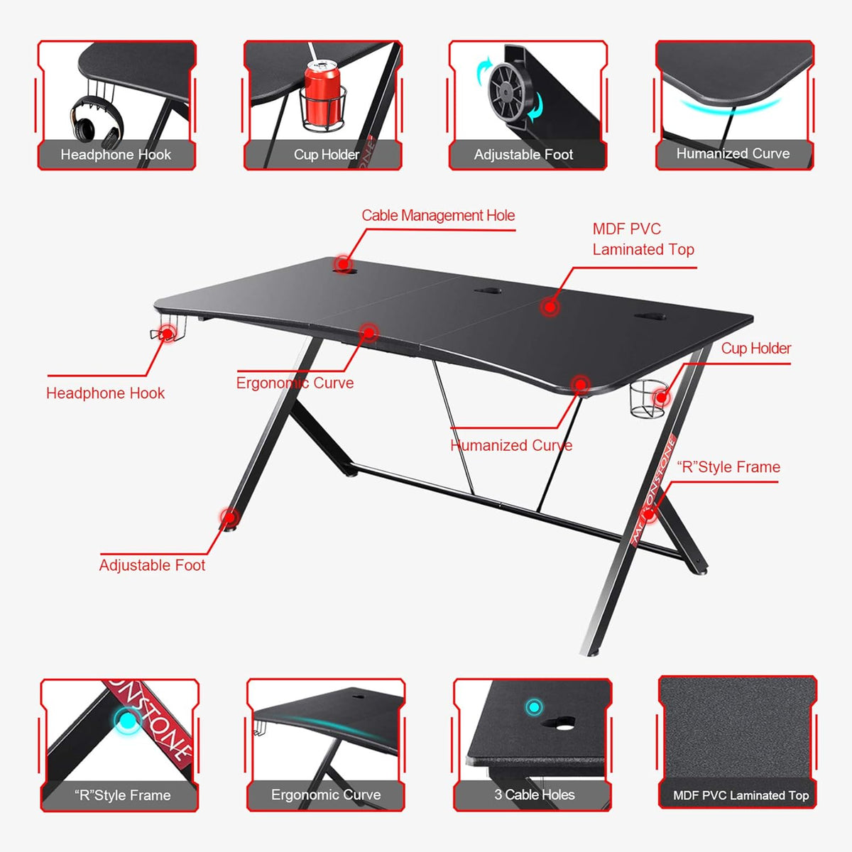 Black 63 W x 32 D Gaming Desk with Cup Holder and Headphone Hook I65003