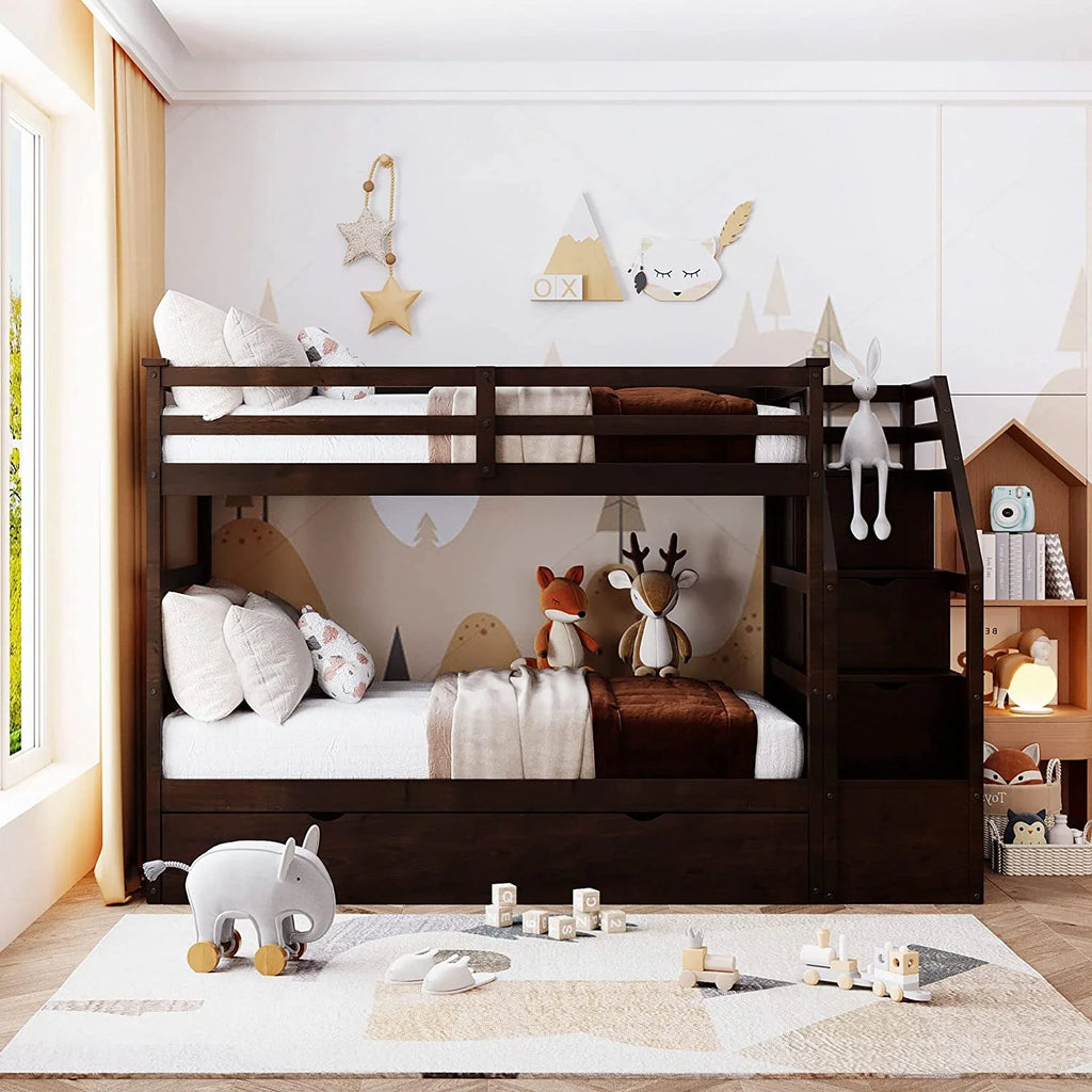 Espresso Wooden Over Bunk Bed with Trundle and 3 Storage Stairs Y7010