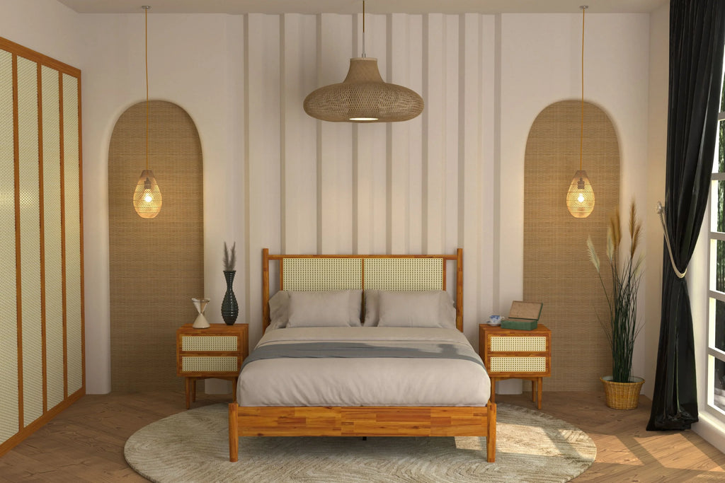47" Queen Platform Bed Frame with Rattan Headboard G73008