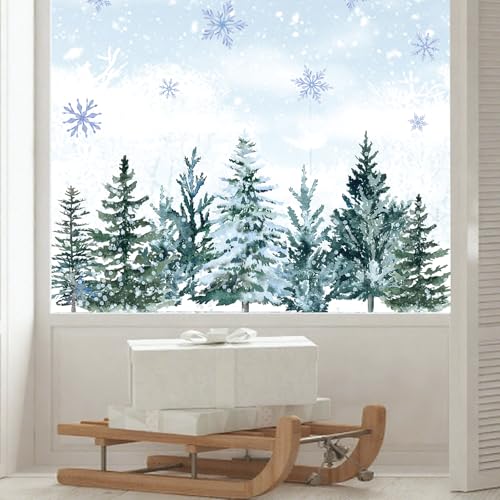 9 Sheet Christmas Window Clings Snowy Forest Trees Double-Sided Reusable Winter Window Decals G639