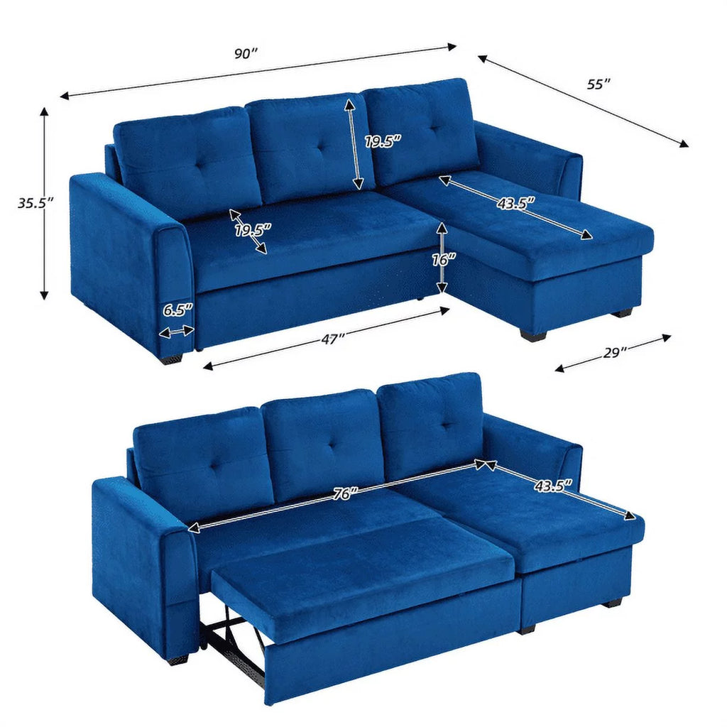 Blue Flannel L-Shaped Sleeper Sofa with Storage Ottoman F2746