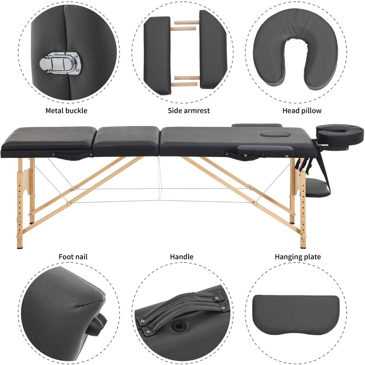 Portable 3 Folding Black Massage Table with Carry Case Y95614