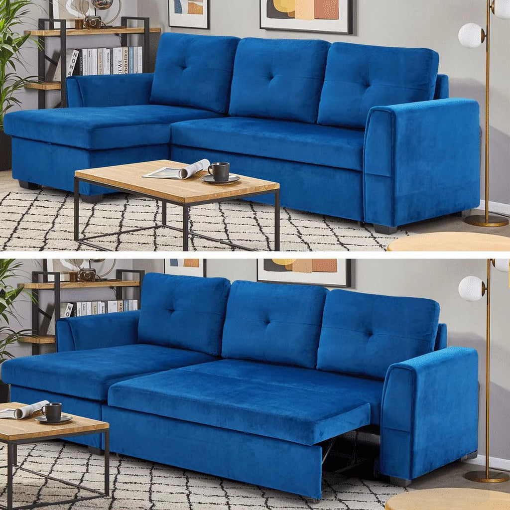Blue Flannel L-Shaped Sleeper Sofa with Storage Ottoman F2746