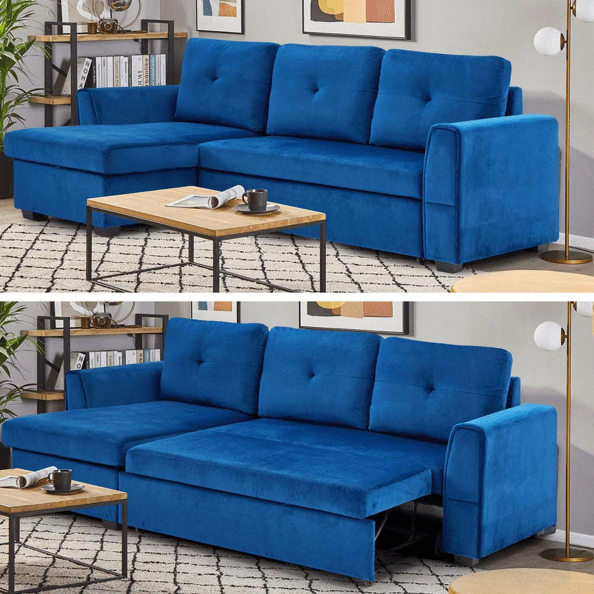 Blue Flannel L-Shaped Sleeper Sofa with Storage Ottoman F2746