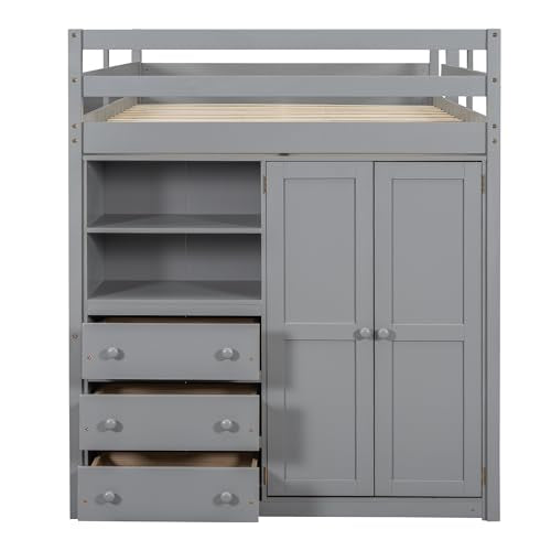 White Solid Wood Full Size Loft Bed with Desk and Drawers O9785