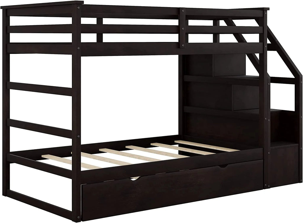 Espresso Wooden Over Bunk Bed with Trundle and 3 Storage Stairs Y7010