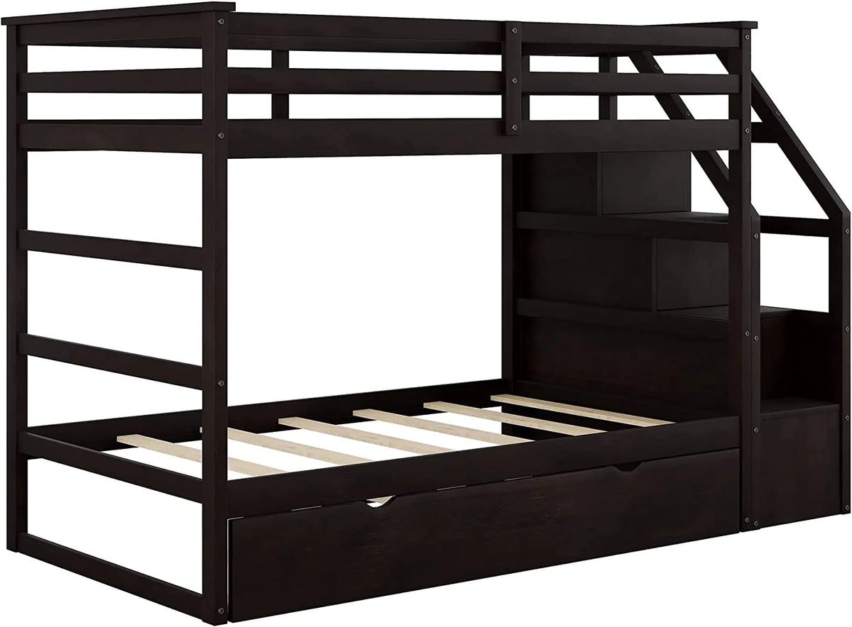 Espresso Wooden Over Bunk Bed with Trundle and 3 Storage Stairs Y7010