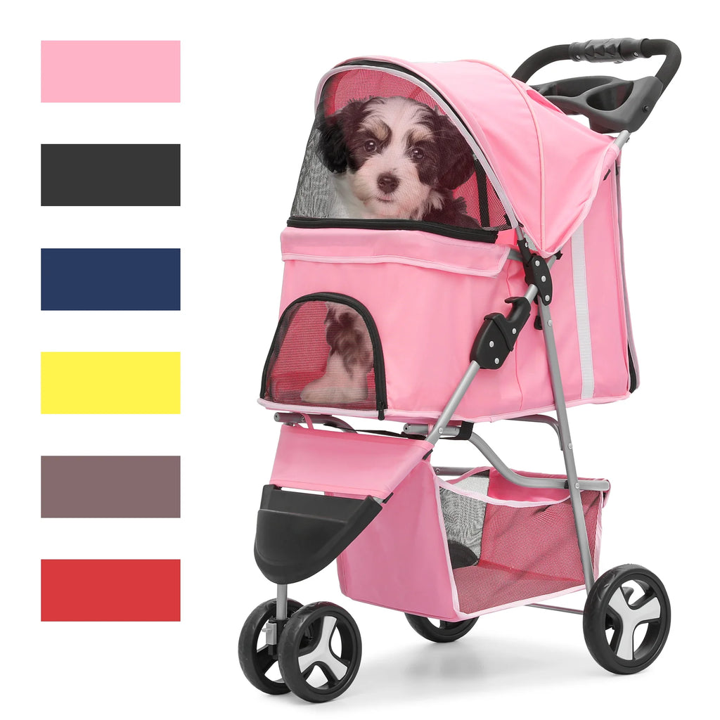 Foldable Pet Stroller with Wheels, Storage Basket and Cup Holder, Navy Blue S7069