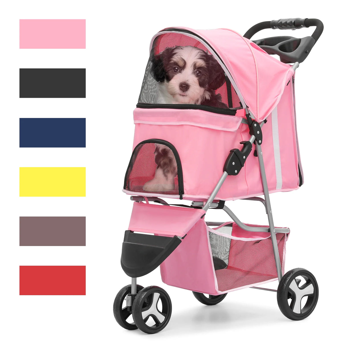 Foldable Pet Stroller with Wheels, Storage Basket and Cup Holder, Navy Blue S7069