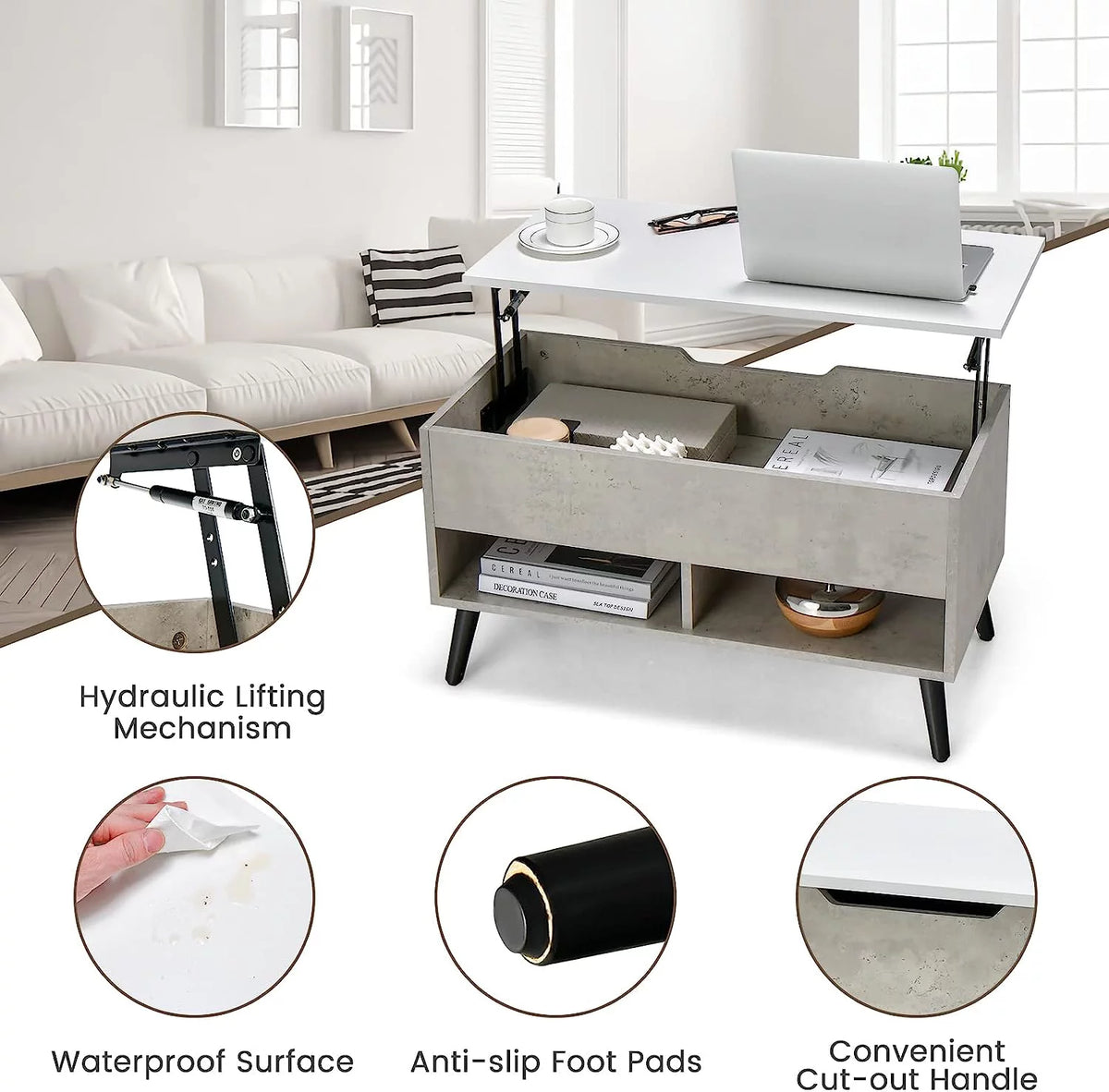 Lift Top Coffee Table with Hidden Compartment and 2 Open Shelves X51790