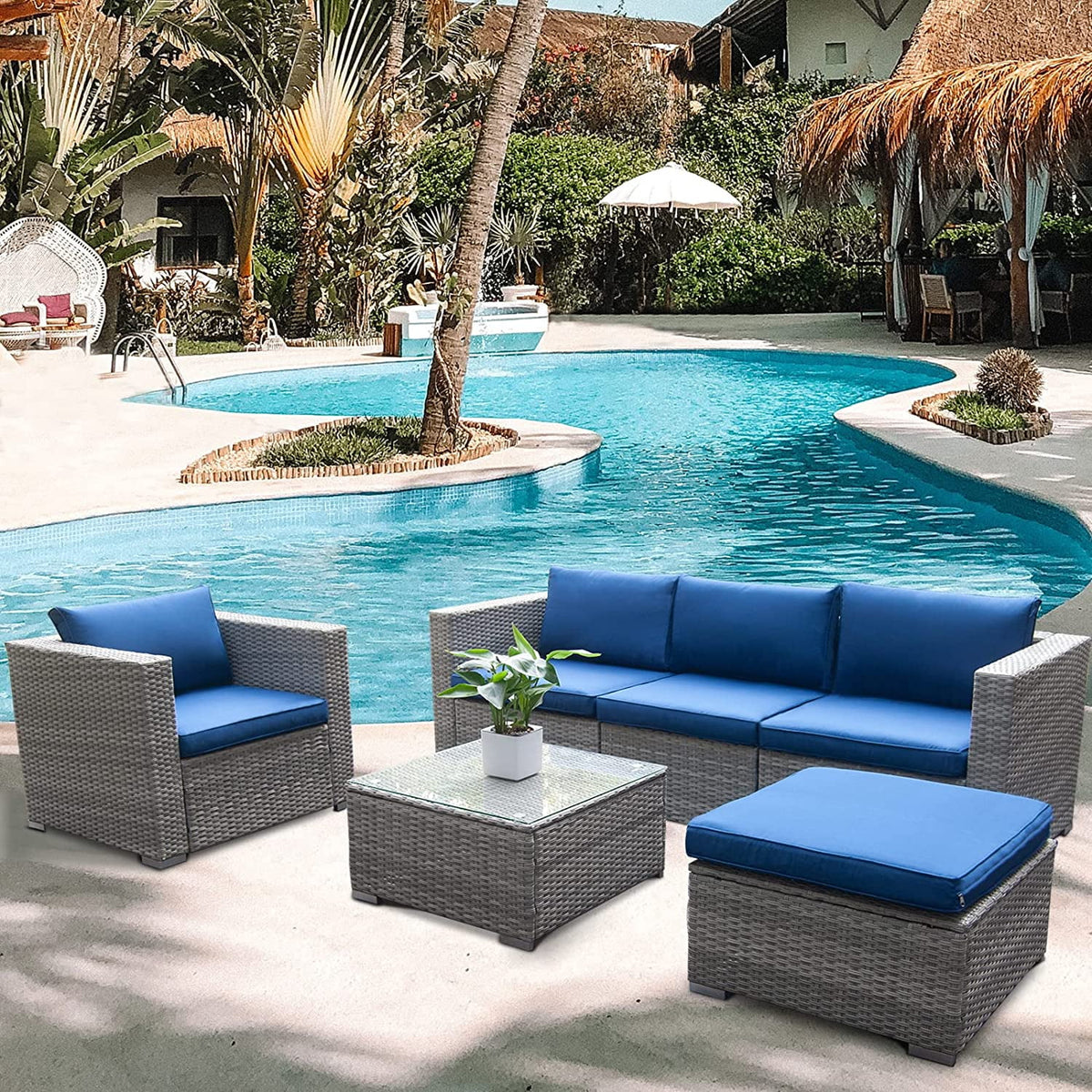 6 Pieces PE Rattan Wicker Outdoor Sofa Conversation Set with Cushions F98478