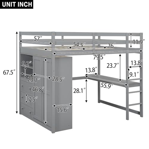 White Solid Wood Full Size Loft Bed with Desk and Drawers O9785