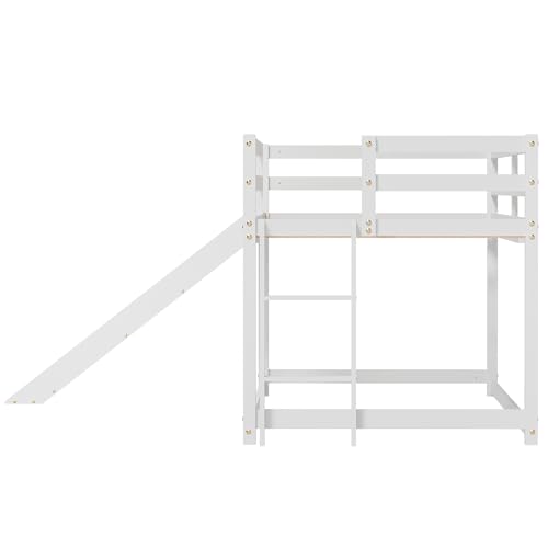 White Twin Wood Bunk Bed with Slide and Ladder J231279