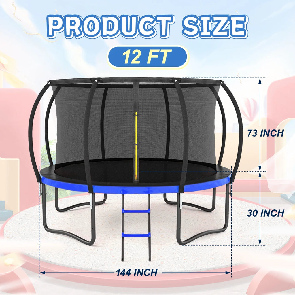 12 FT Outdoor Children's Trampoline with Safety Fence Net, Ladder, PVC Spring Cover Pad X174