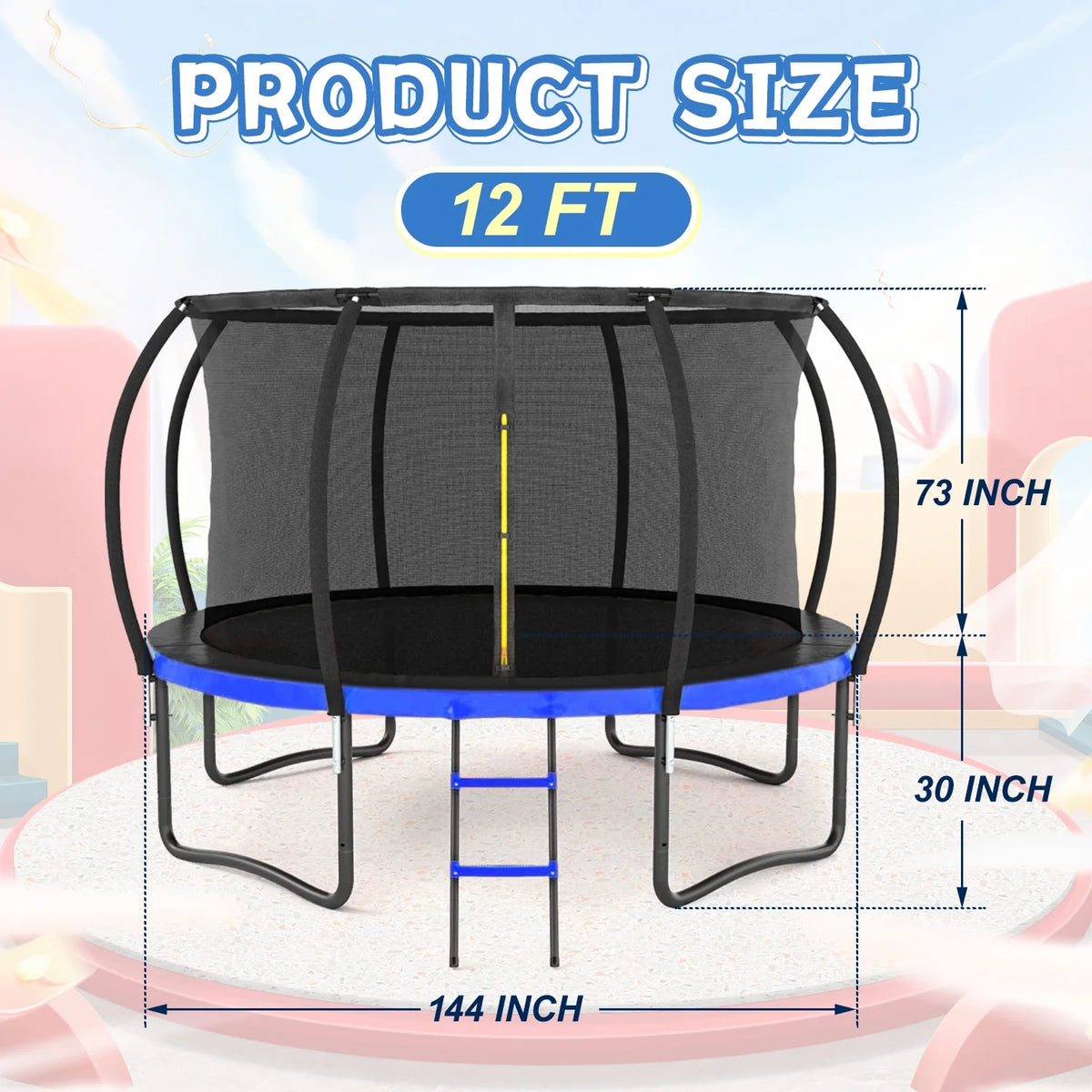 12 FT Outdoor Children's Trampoline with Safety Fence Net, Ladder, PVC Spring Cover Pad X174
