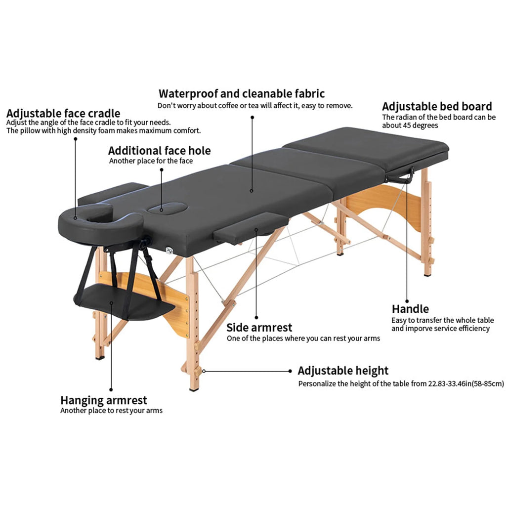 Portable 3 Folding Black Massage Table with Carry Case Y95614