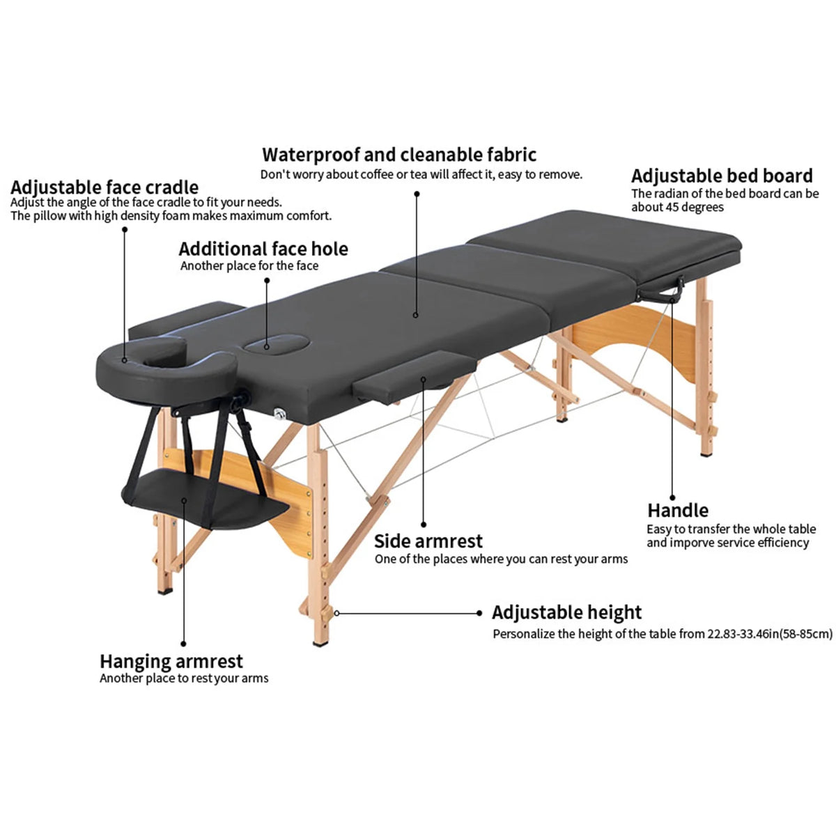 Portable 3 Folding Black Massage Table with Carry Case Y95614