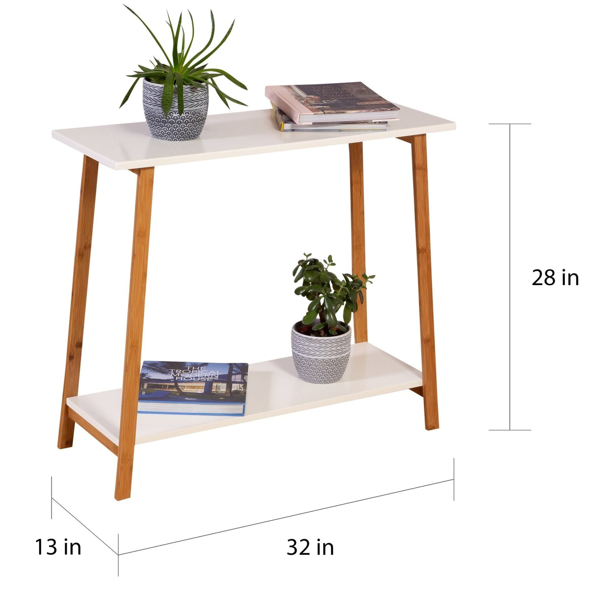 White 2-Tier Solid Bamboo Console Table U2402