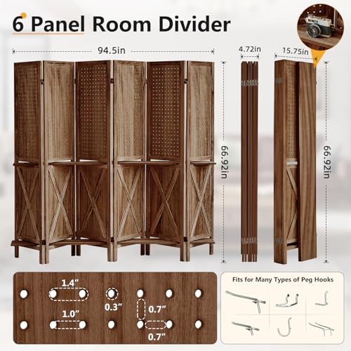 Brown Wooden Pegboard Room Divider with 16 Hooks U920382