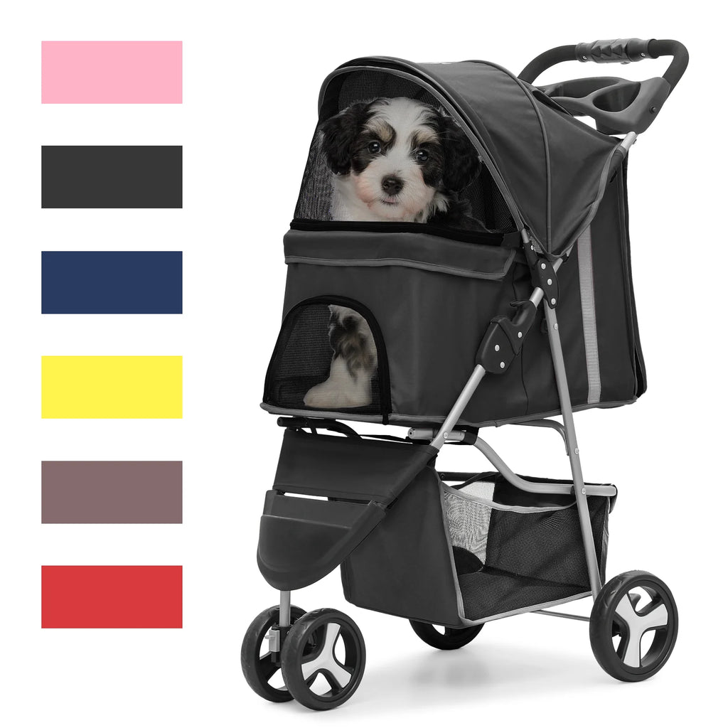 Foldable Pet Stroller with Wheels, Storage Basket and Cup Holder, Navy Blue S7069