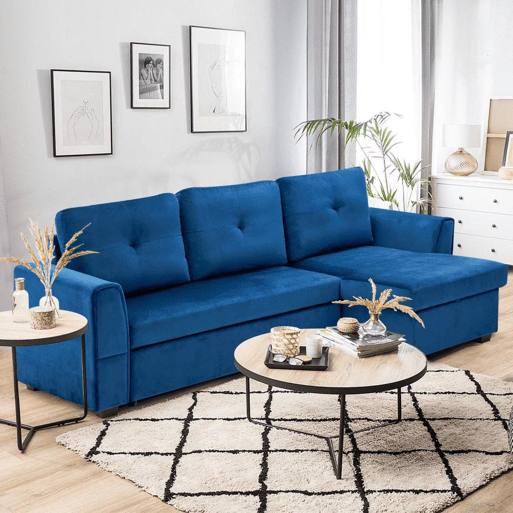 Blue Flannel L-Shaped Sleeper Sofa with Storage Ottoman F2746