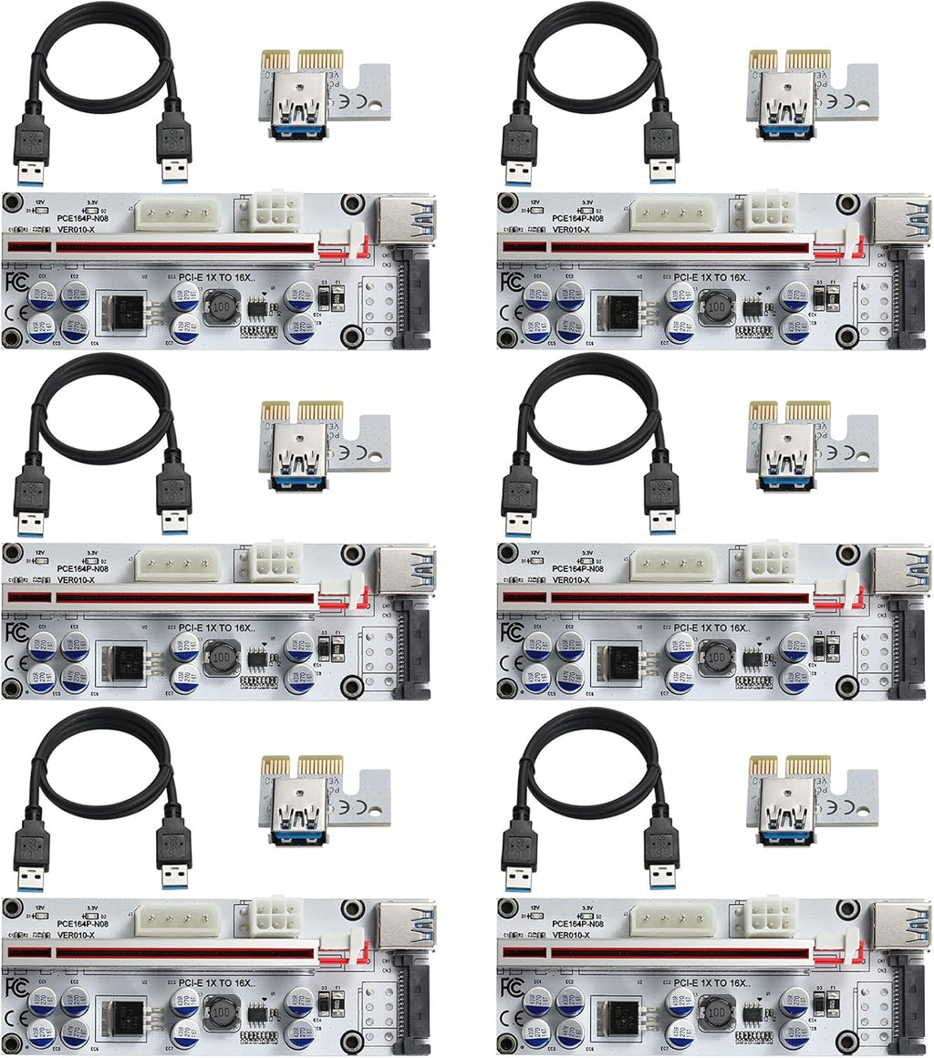 Black PCI-E 1X to 16X Riser Card with 24in USB 3.0 Extension Cable & 6PIN SATA Power Cable (6 Pieces) Y2330
