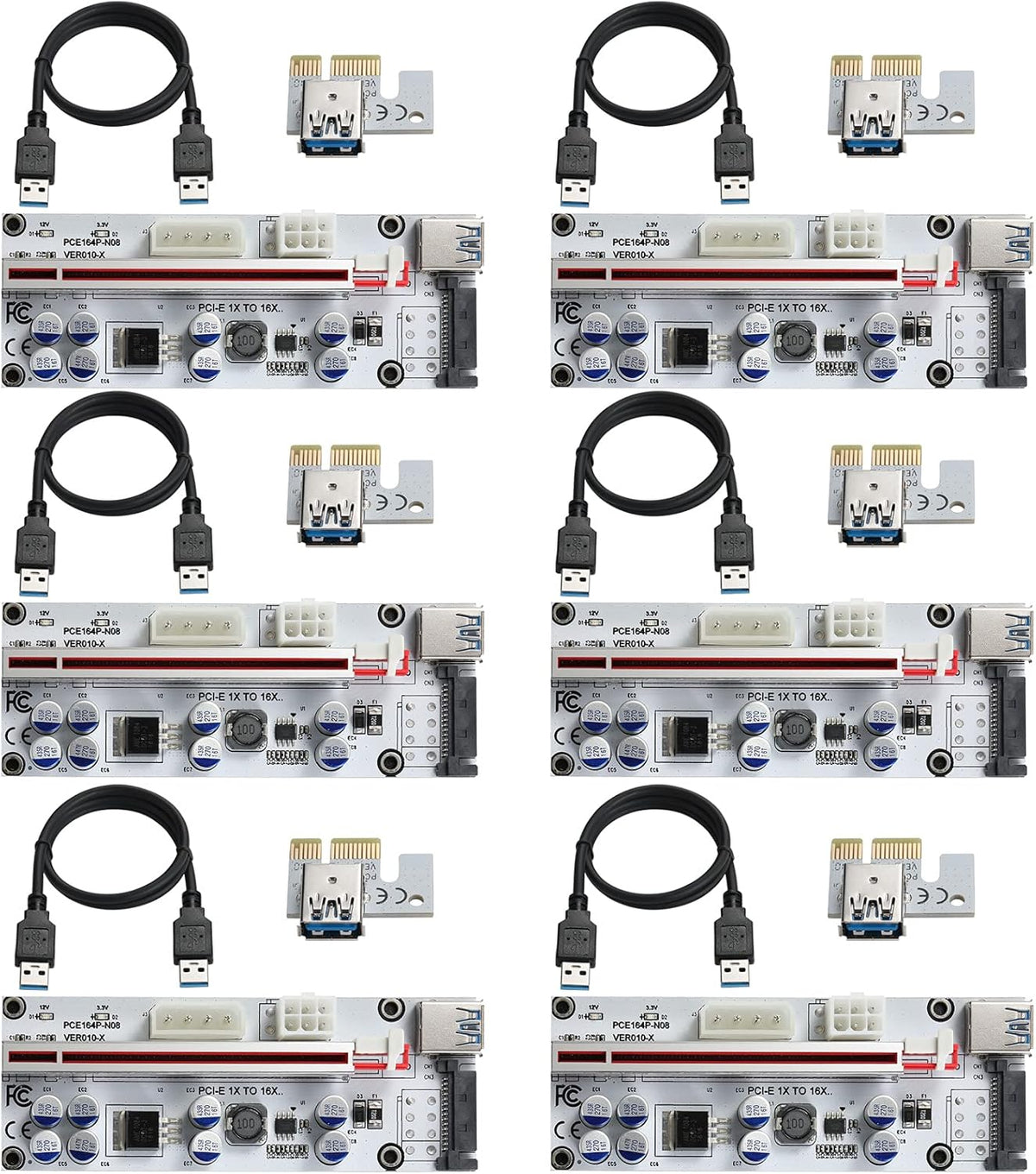Black PCI-E 1X to 16X Riser Card with 24in USB 3.0 Extension Cable & 6PIN SATA Power Cable (6 Pieces) Y2330