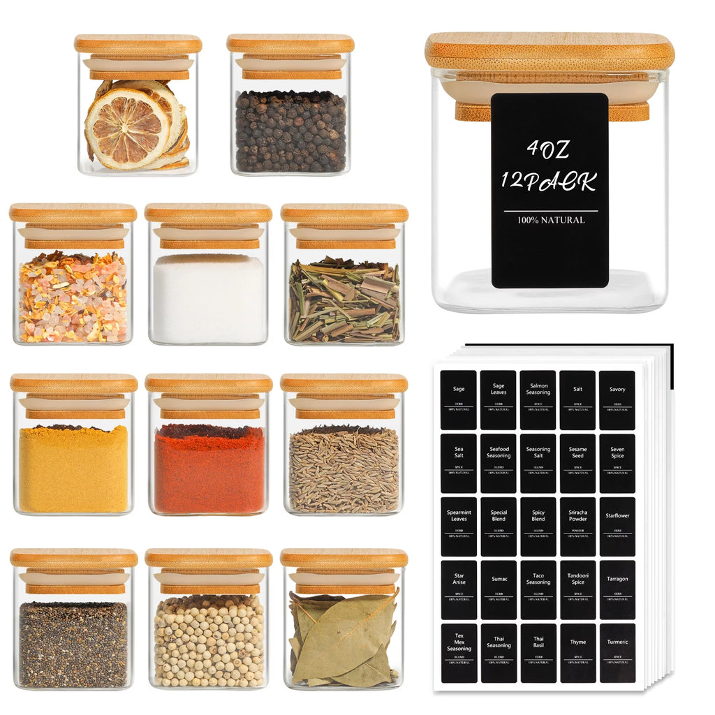 4 oz Set of 12 Glass Spice Jars with Bamboo Lids T7749