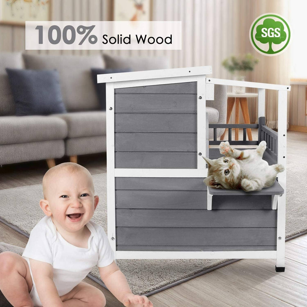 2-Story Weatherproof Wooden Cat Shelter House with Transparent PVC Canopy W246