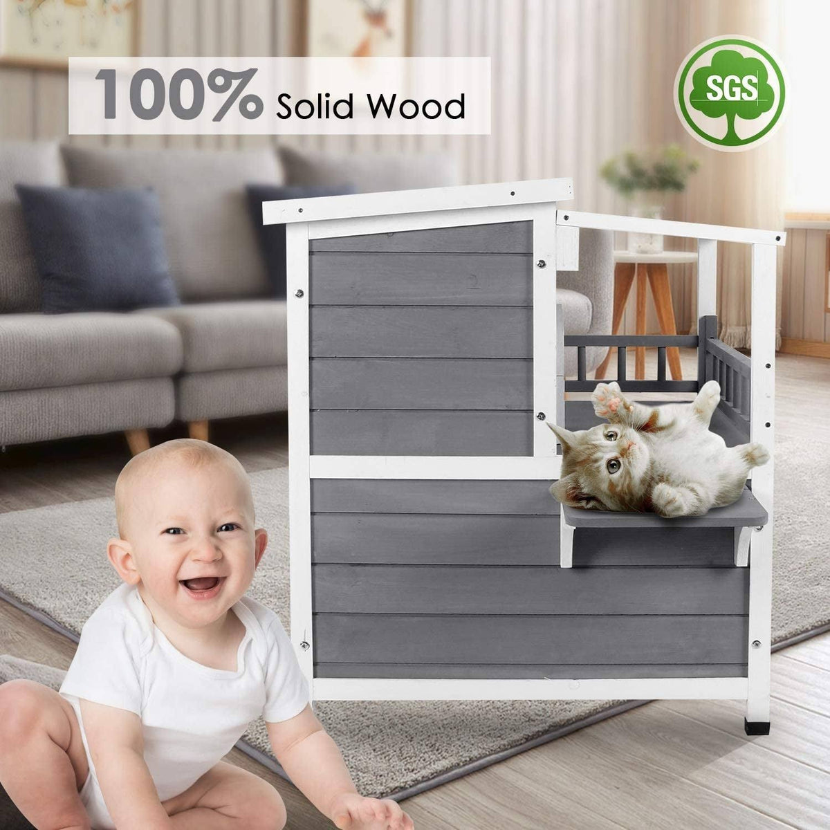 2-Story Weatherproof Wooden Cat Shelter House with Transparent PVC Canopy W246