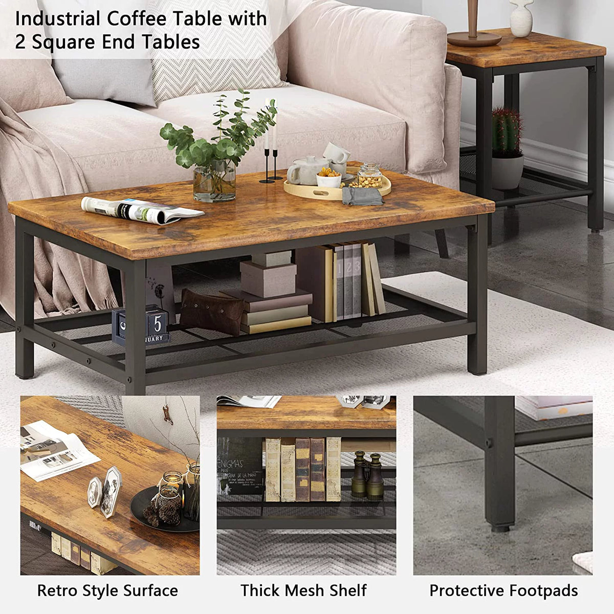 3 Pieces Industrial Coffee Table Set with Metal Frame C650