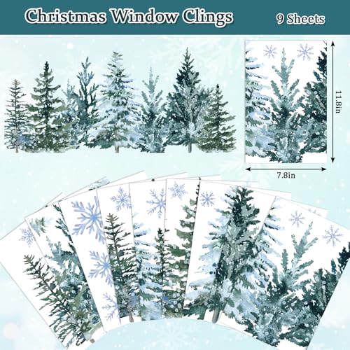 9 Sheet Christmas Window Clings Snowy Forest Trees Double-Sided Reusable Winter Window Decals G639